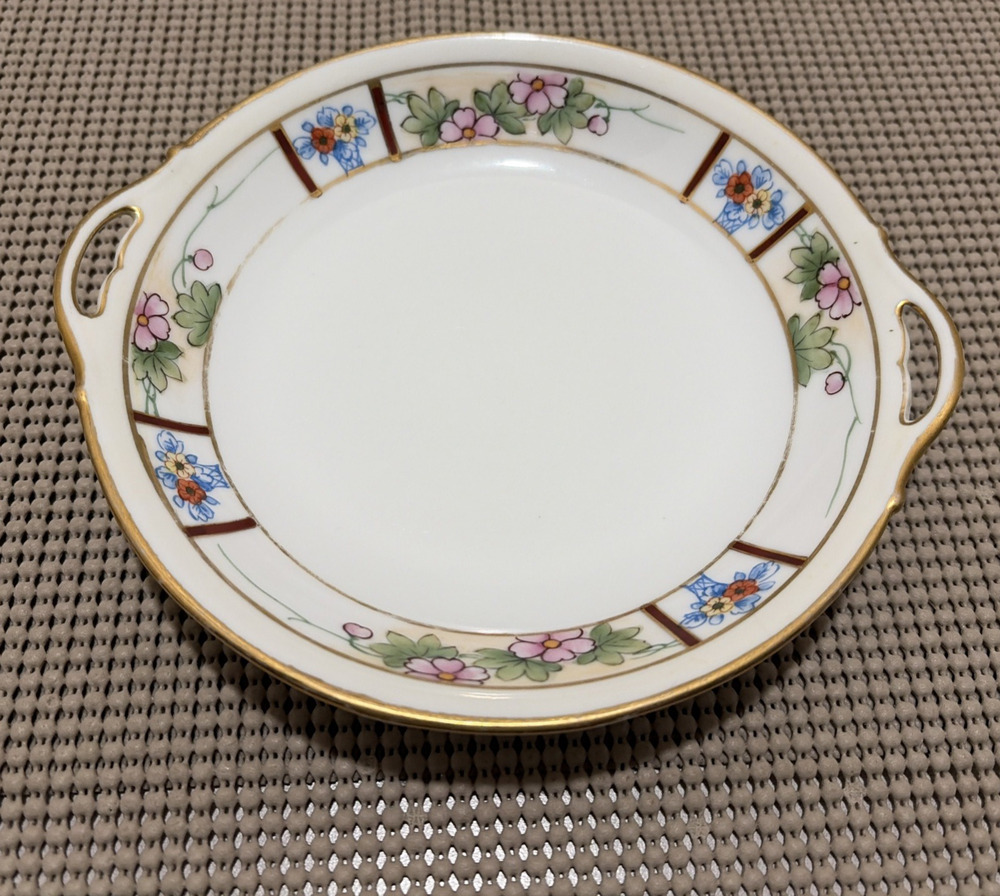 Antique Hand Painted Nippon Floral Porcelain Small Dish Gold Trim Handles